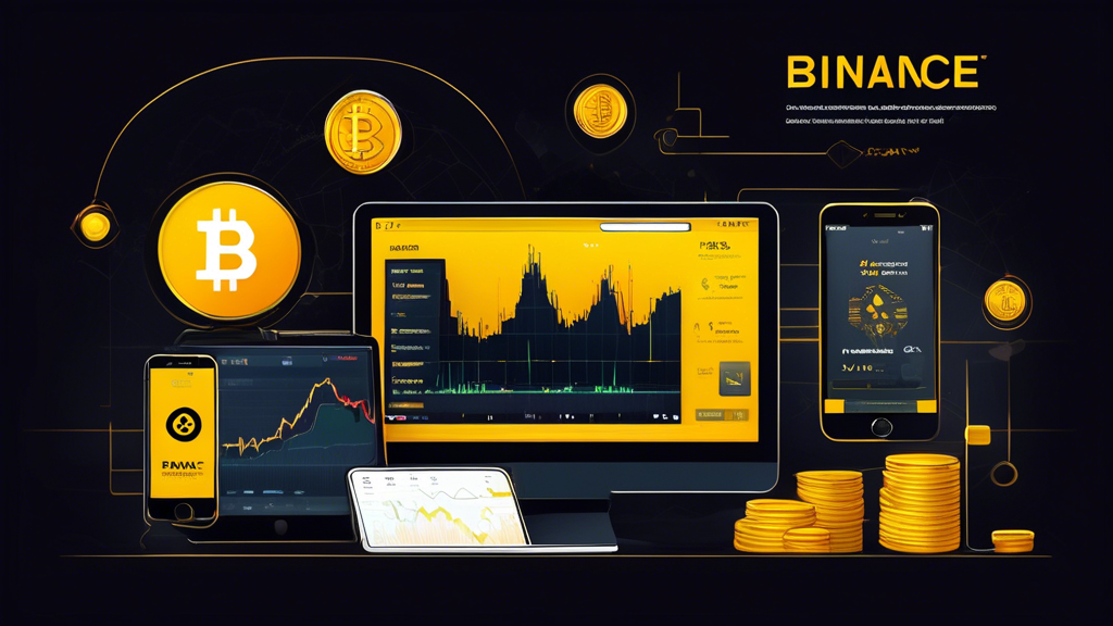 Create an image portraying a step-by-step guide to using Binance for cryptocurrency trading. The visual should include a clear and user-friendly depiction of creating and verifying an account on Binance, depositing funds, purchasing cryptocurrencies, and the trading process. Incorporate elements like a computer screen, a mobile device showing the Binance app, visual graphs, and charts illustrating market trends. The setting should be modern, tech-savvy, and informative, helping users navigate the cryptocurrency exchange process smoothly.