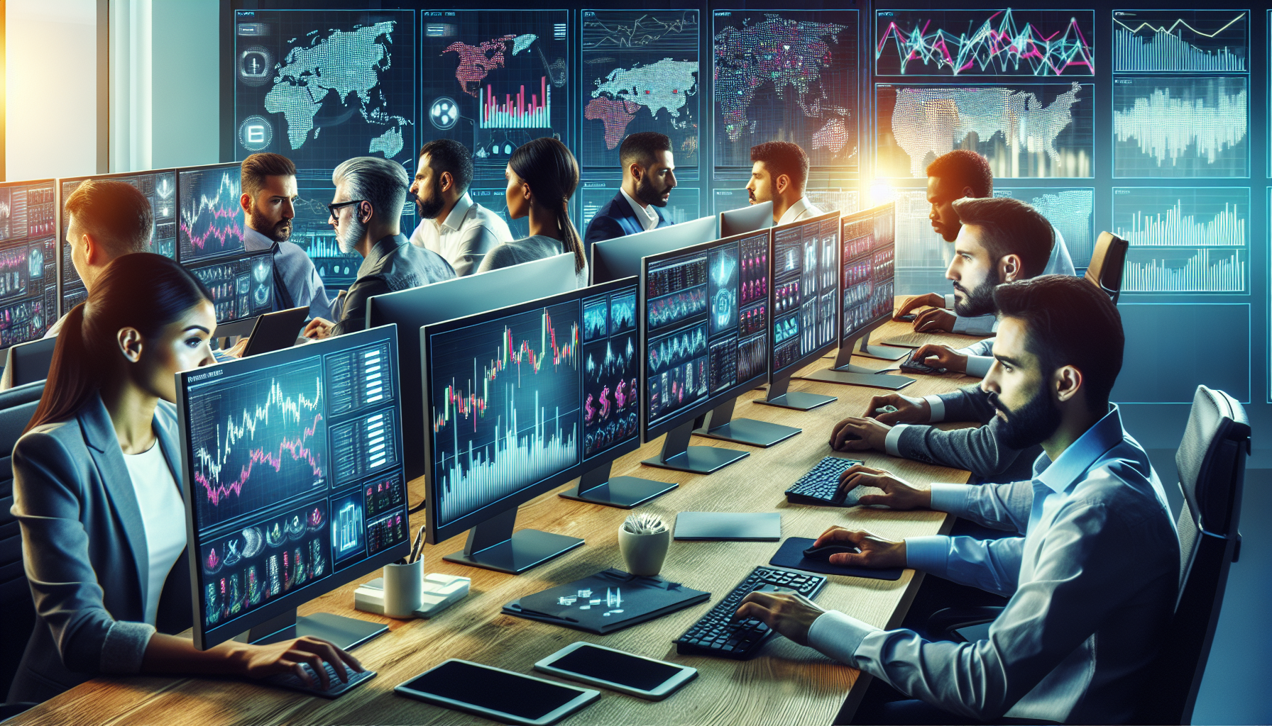 A diverse group of traders at their desks, intensely working on computers displaying cryptocurrency charts and data on the OKX trading platform. One screen highlights different types of accounts and various currency pairs available on OKX. Another screen shows a step-by-step guide for depositing and withdrawing funds. There are also visuals of essential trading strategies and tools, such as graphs, indicators, and analytical tools. The backdrop features a professional, modern trading floor ambiance with elements that emphasize digital and financial themes.
