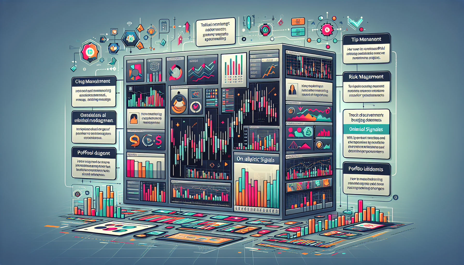 Create an image that illustrates a comprehensive guide to successful trading on the OKX platform. Include elements like charts, risk management strategies, and analytical tools. The background should display the OKX interface, with an overlay of tip boxes providing advice on how to avoid common beginner mistakes, use analytical signals for increased profitability, and manage portfolio diversification. Use a modern, sleek design to convey the high-tech nature of the trading platform.
