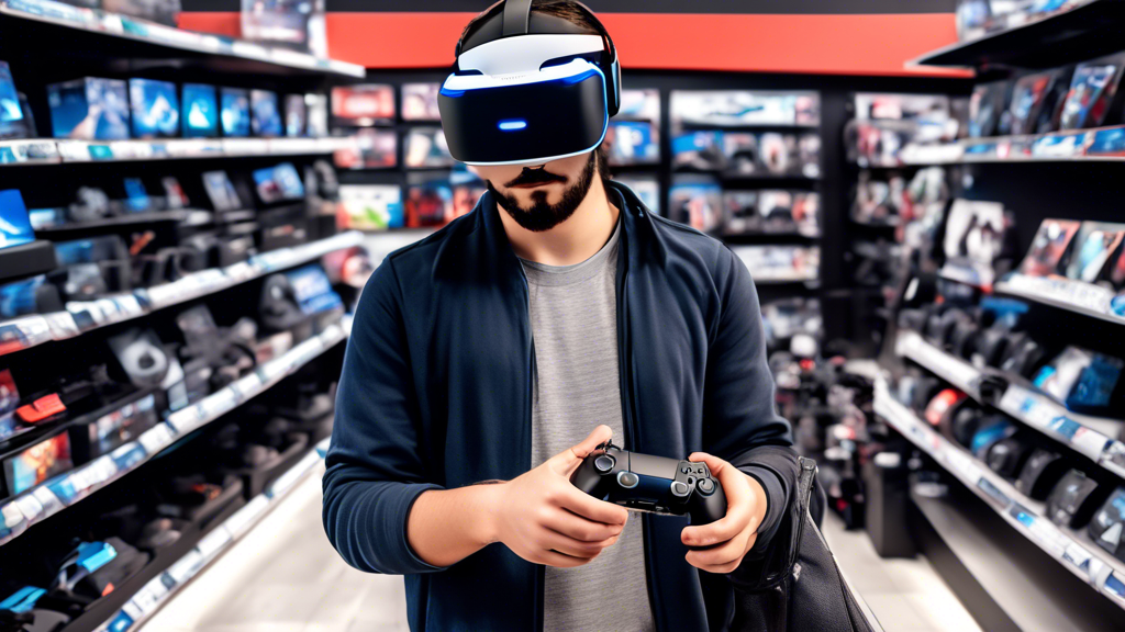 A detailed illustration of a shopper inside a GameStop store, examining a PlayStation VR2 headset on display. The scene captures the benefits of in-store purchases, showing the immediate availability and the shopper
