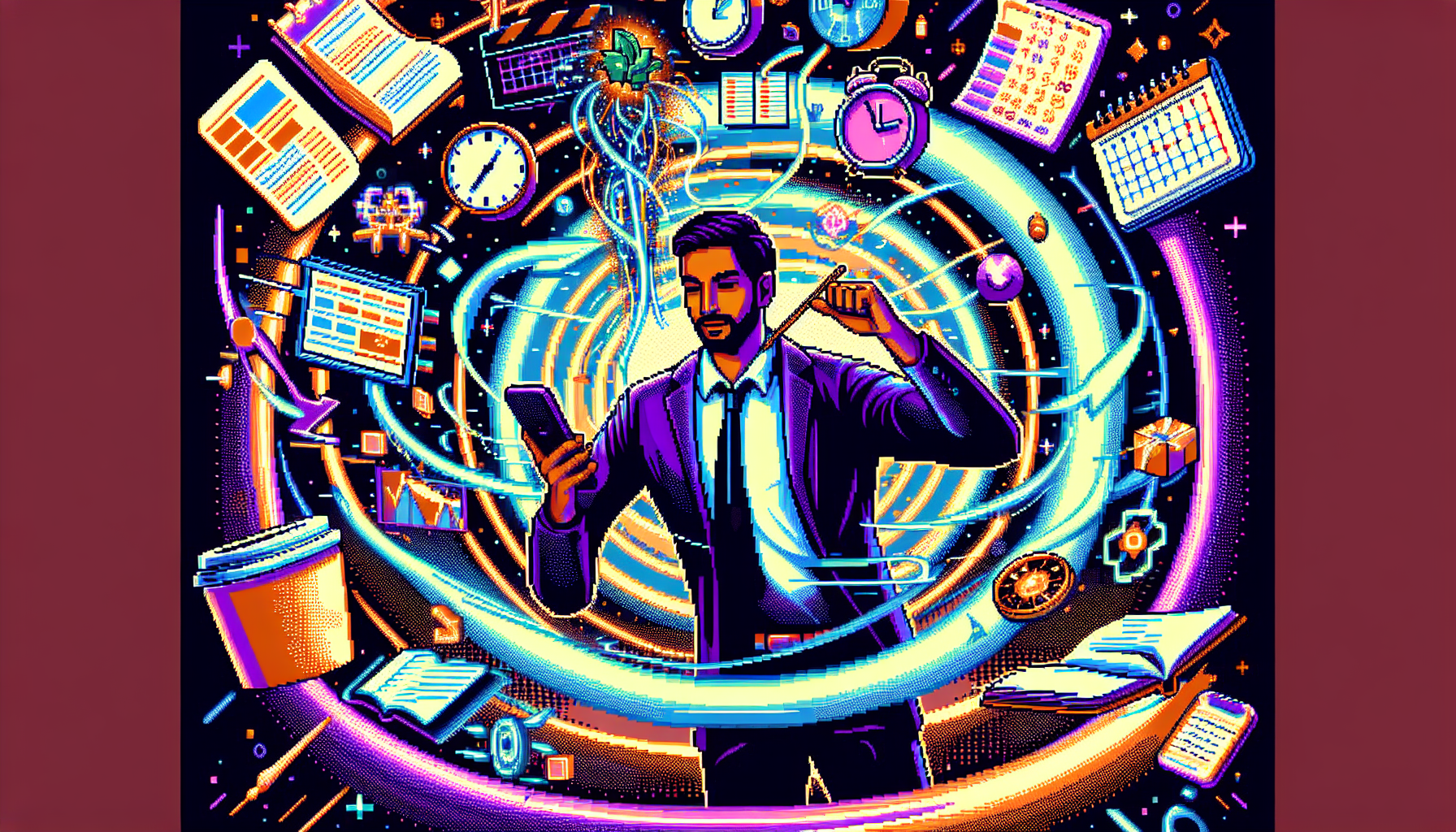 Create an image depicting a person confidently navigating through a whirlwind of chaotic elements, such as clocks, calendars, and various icons representing tasks and commitments. The person is using tools like a planner, a smartphone, and a cup of coffee to manage their time effectively. The background transitions from chaos to order, illustrating practical strategies for navigating through unpredictable times. Warm, encouraging tones dominate the image to convey a sense of control and optimism amidst chaos.