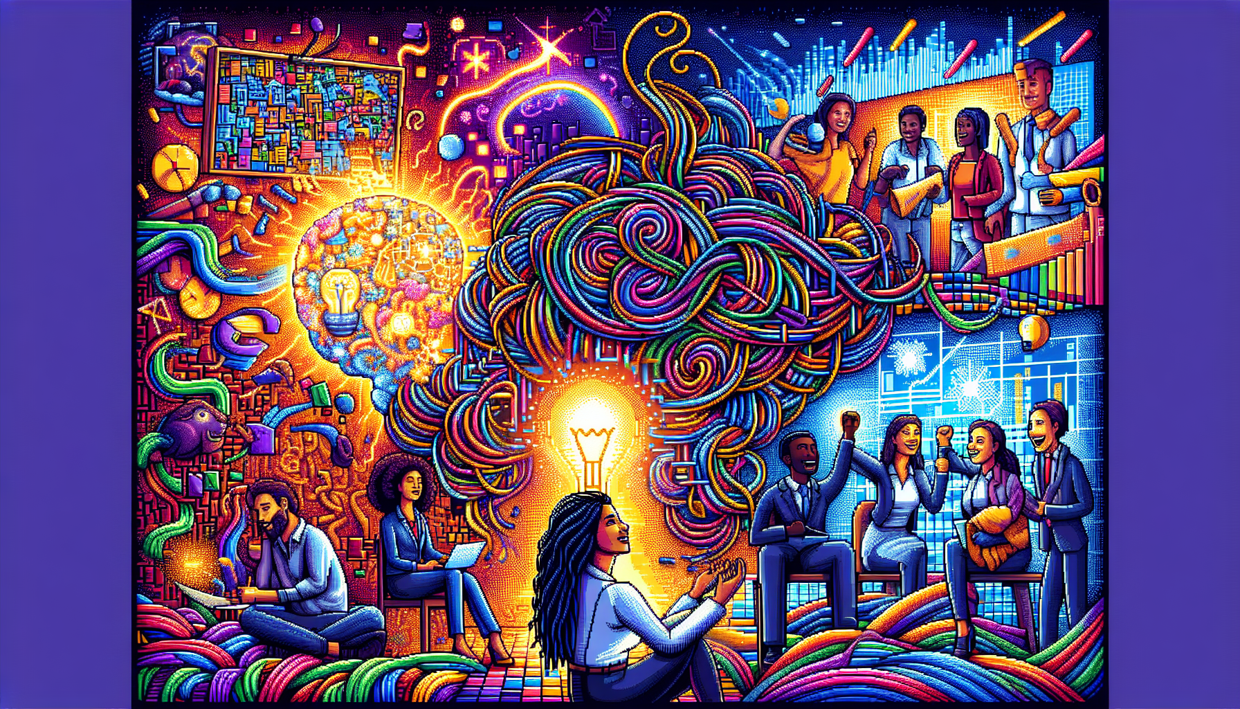 Prompt for DALL-E:

A dynamic and vivid illustration depicting various individuals turning chaos into opportunities for growth and innovation. Imagine a bustling scene where people are brainstorming creative ideas, their thoughts illustrated as colorful, swirling patterns. Another individual is building a complex structure made of flexible, interconnected parts symbolizing resilience. In the background, there