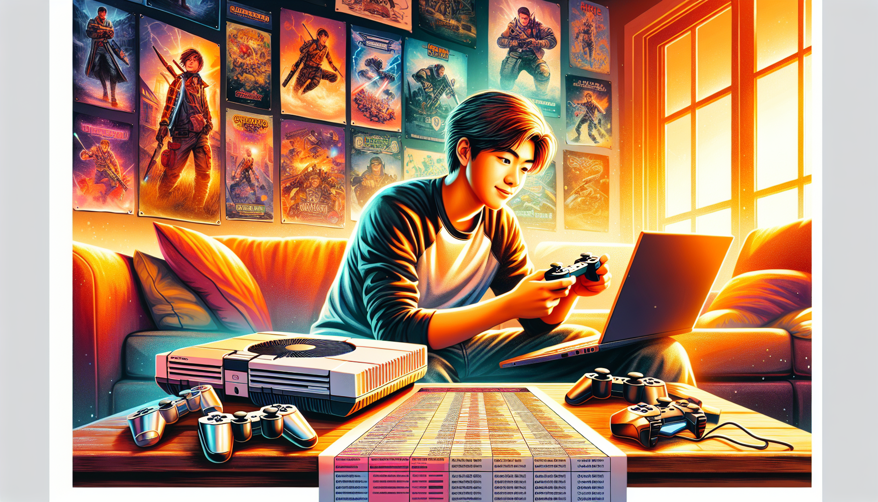 Prompt: A vibrant image of a young gamer sitting in a cozy room, examining a used PlayStation 4 console they just purchased. The room is filled with warm lighting and gaming posters on the walls. On the table in front of them, there