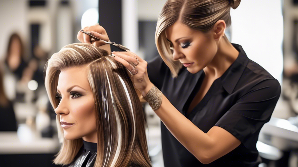 Create an image that showcases an expert hairstylist mid-action, applying foil for hair highlights. The scene should include detailed, step-by-step segments, from sectioning the hair to wrapping it in foil. Include close-ups that highlight the precision and skill involved, with one frame showing the hairstylist carefully avoiding common pitfalls. Additionally, show a clean, well-organized station with neatly arranged foils and tools, emphasizing the importance of maintenance and care. Make sure to use high-quality foils and tools for a professional and polished look.