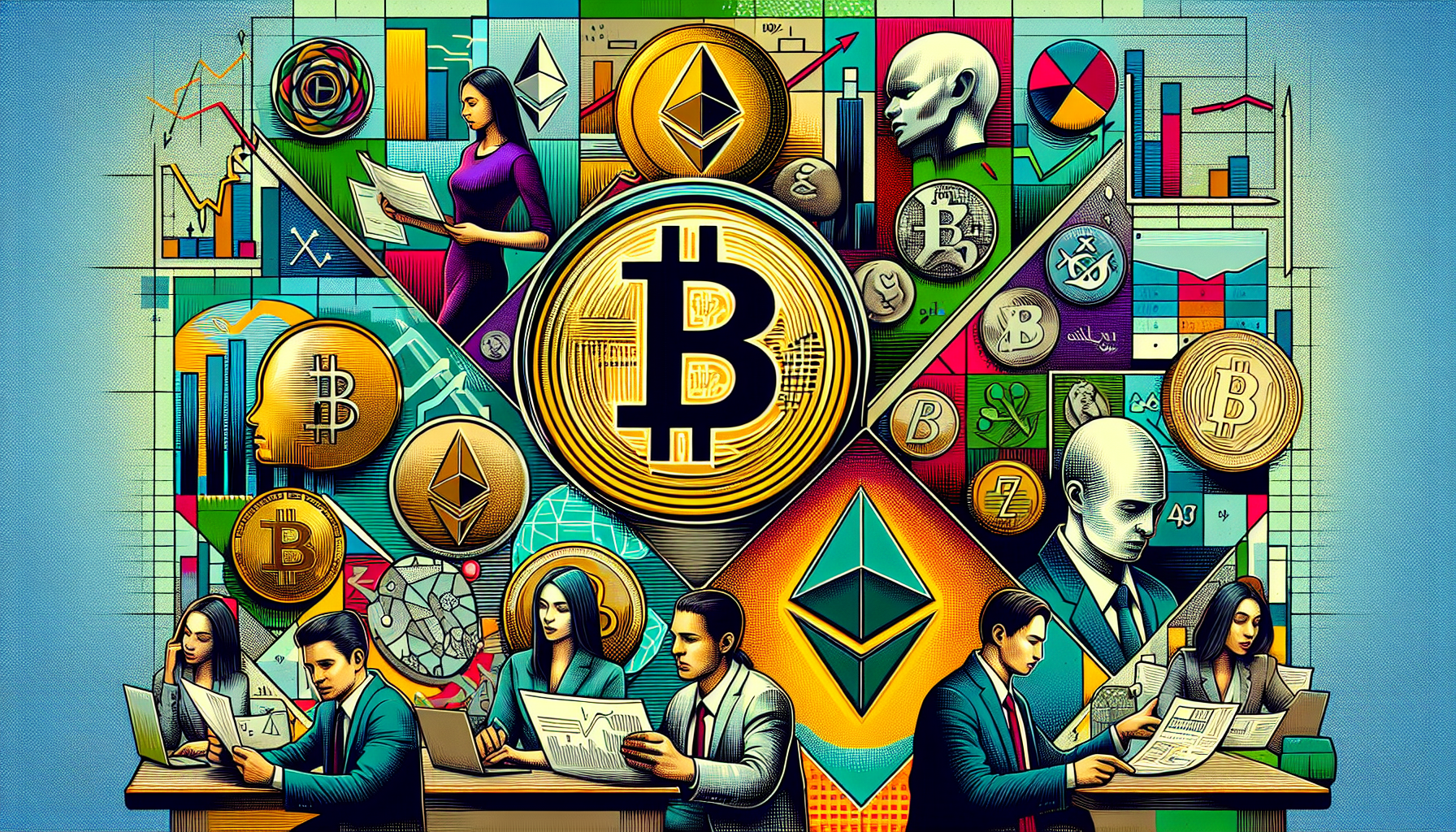 A digitally illustrated collage featuring detailed profiles of top-performing cryptocurrencies in 2023, including Bitcoin, Ethereum, and emerging altcoins. Each cryptocurrency is represented with its logo and key pros and cons highlighted in text boxes. In the background, expert analysts are shown studying graphs and charts, emphasizing their recommendations and insights. The image should convey a sense of thorough analysis and informed decision-making in the cryptocurrency market.