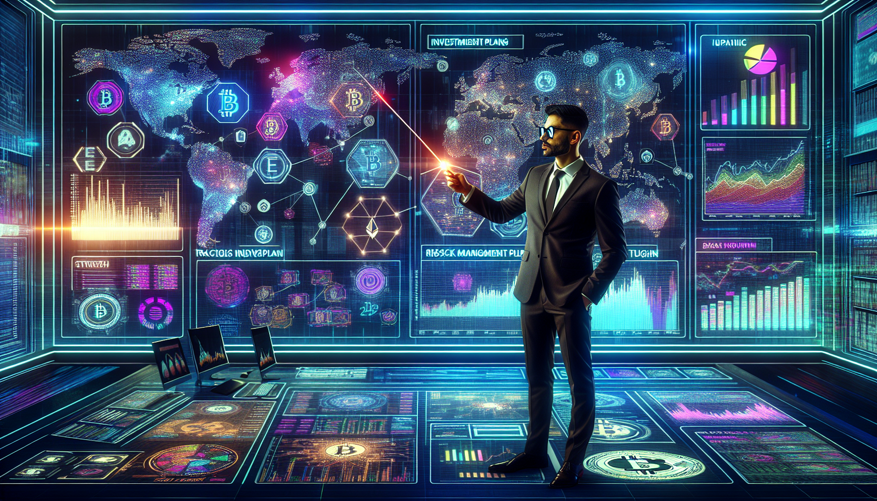 Create an image that captures a futuristic workspace with multiple screens displaying various cryptocurrency charts and statistics. Include a financial expert in formal attire, pointing at a whiteboard with strategic investment plans and risk management tips written on it. Include elements like Bitcoin, Ethereum, and other popular cryptocurrency logos to underscore the theme of effective strategies and risk management in the crypto market of 2023. Keywords: best cryptocurrency to invest in 2023, investment strategies, risk management.