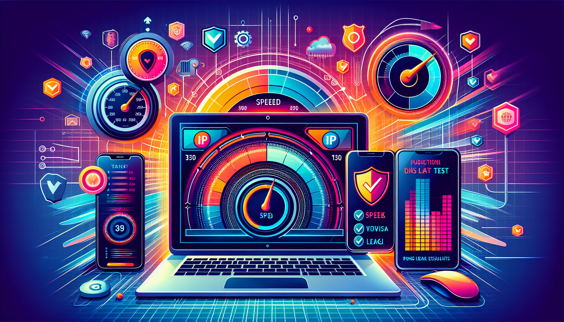 **DALL-E Prompt:**

Create a detailed and informative image illustrating the steps to perform an effective VPN test. The image should feature a laptop, a smartphone, and a tablet, each displaying different aspects of the VPN testing process, such as speed tests, IP and DNS leak checks. Include visual elements like speed test meters, security shields, and checkmark icons to indicate successful tests. The background should have a modern, tech-savvy aesthetic with icons representing various tools and resources necessary for conducting a VPN test.