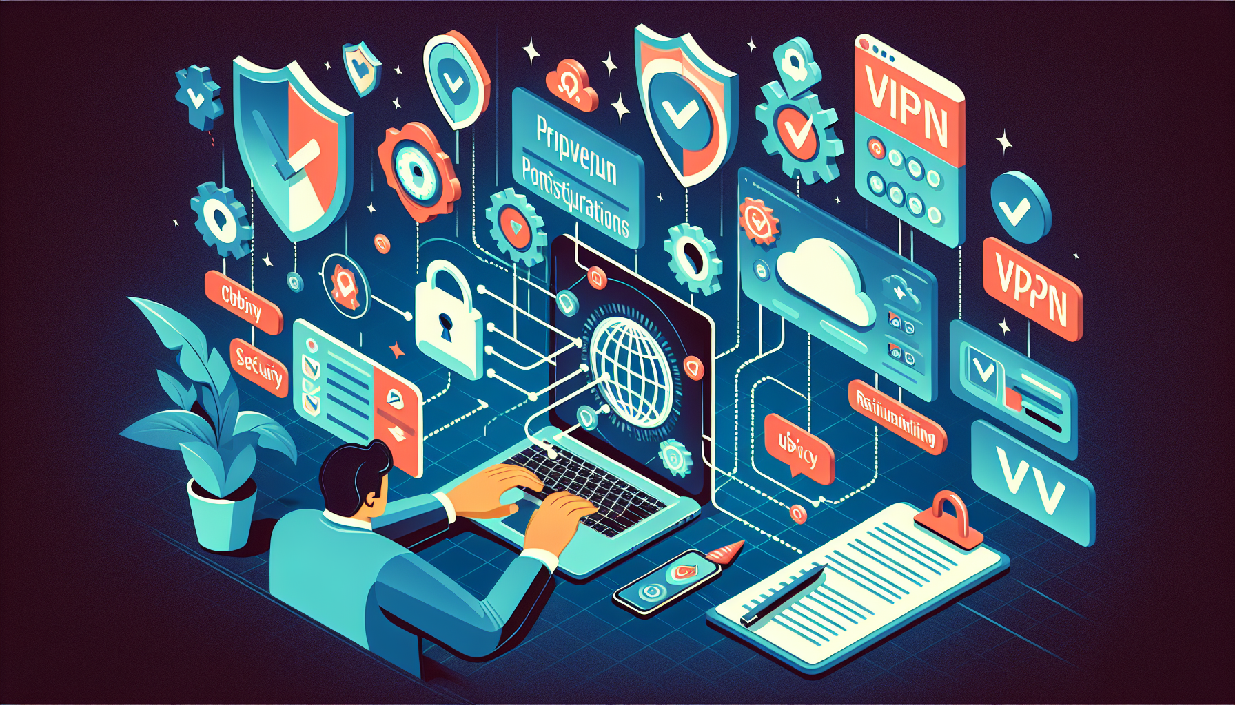 Prompt for DALL-E: Create an illustration depicting practical tips for enhancing online privacy using a VPN. The image should include elements like a user selecting a high-quality VPN from a list of trusted providers on their laptop, configuring privacy settings, and performing regular updates. Include graphical representations of privacy shields, secure pads on screens, and regular maintenance checks to emphasize the ongoing protection and privacy enhancement.