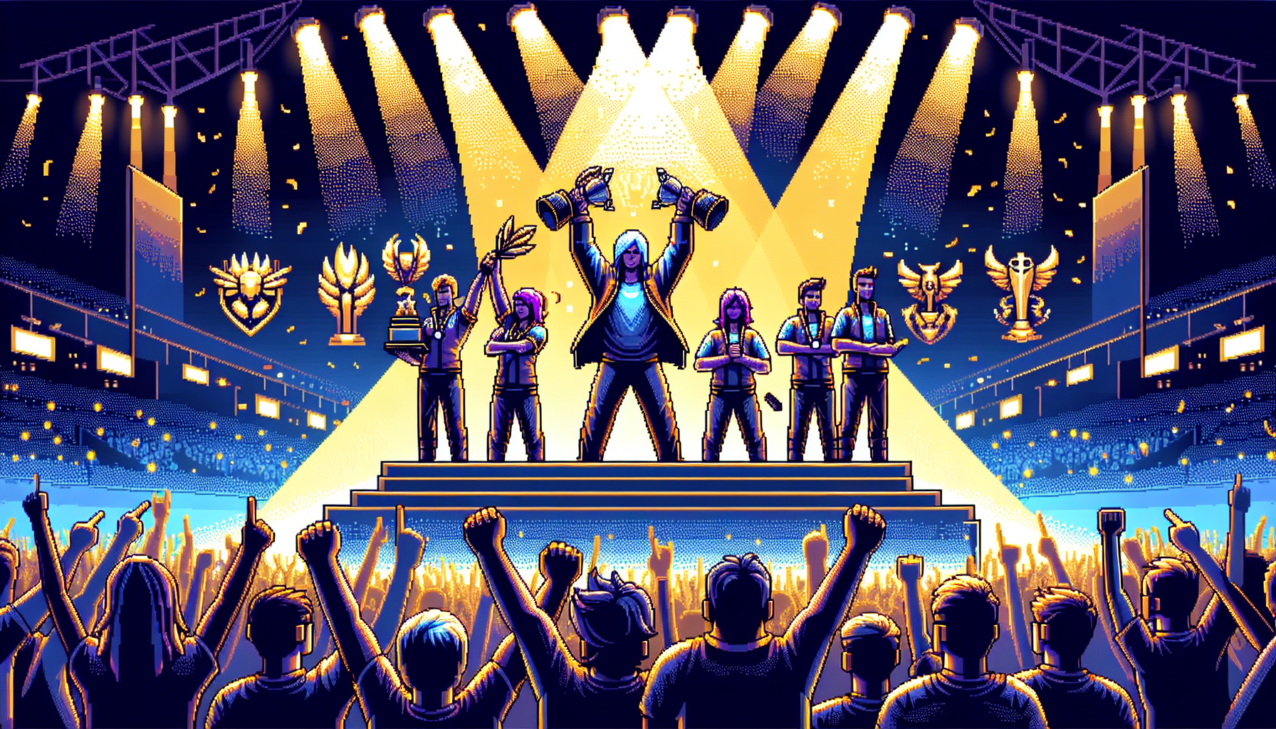 Create a dynamic and captivating illustration showcasing the triumphant moments of TSM Gaming