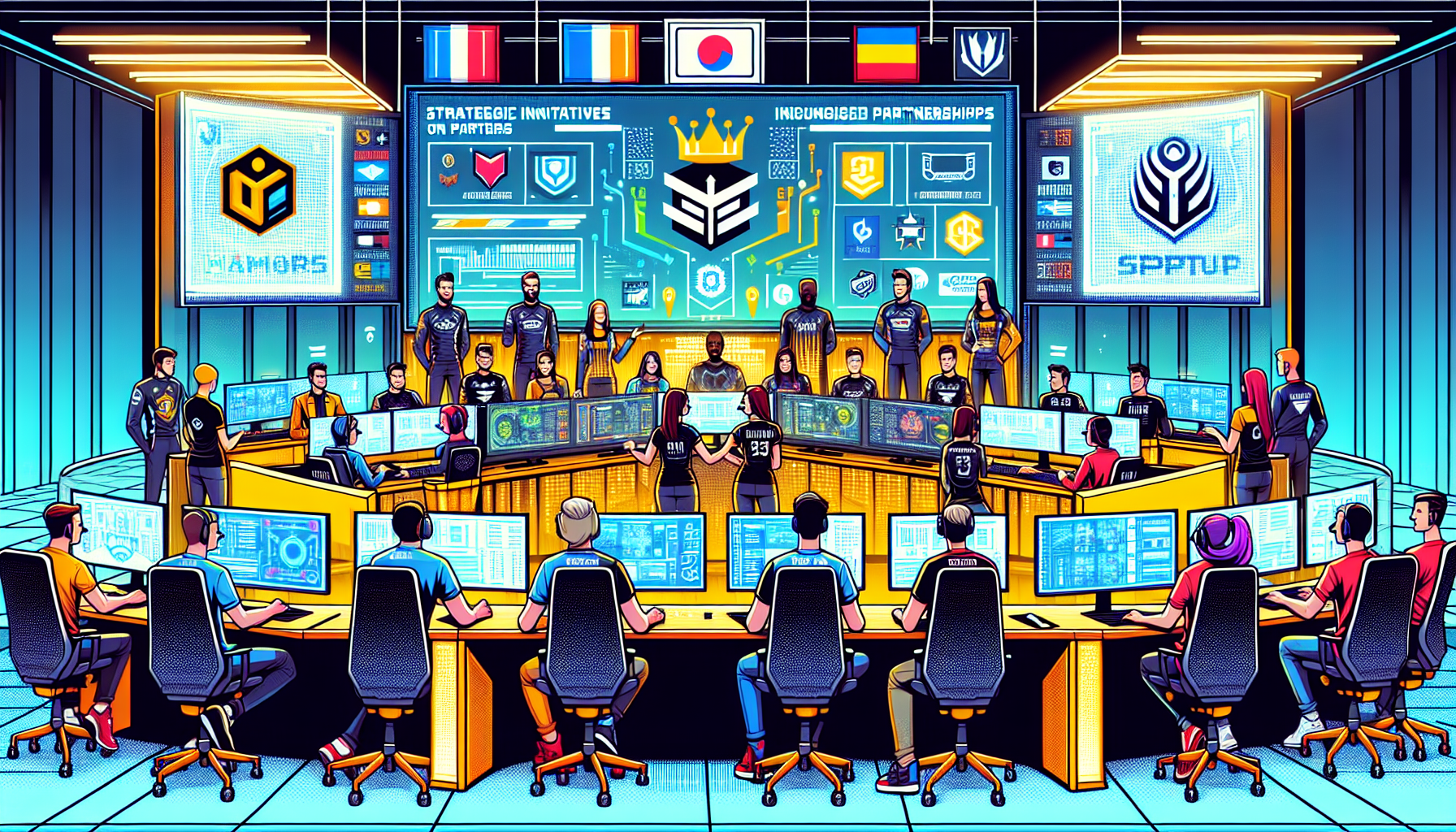 A futuristic eSports headquarters filled with vibrant energy, showcasing TSM Gaming