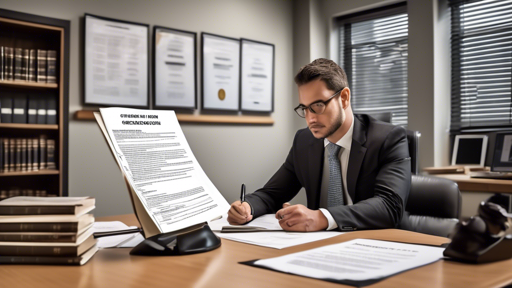 Create an image depicting a thoughtful individual reviewing a document labeled Experience and Reviews on a desk surrounded by legal books and a computer showing client reviews. The background features a professional office setting with plaques and law degrees on the wall, highlighting the process of choosing the right collision lawyer. Keywords: collision lawyer, reputation, client reviews, specialization, accessibility, communication.