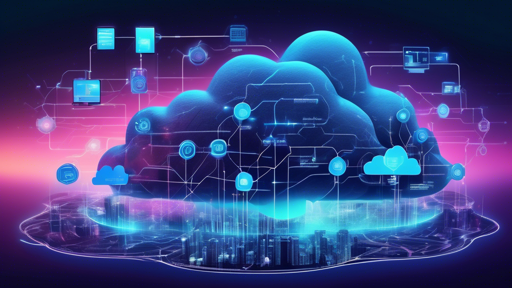 Create an image of a futuristic digital landscape showcasing the evolution of cloud security through CNAPP, incorporating elements of AI and machine learning. Display a seamless integration of advanced technology within a vibrant network of cloud-native applications. Highlight cutting-edge cybersecurity tools and futuristic interfaces, symbolizing the innovative trends and developments in CNAPP technology. Include visual representations of how businesses benefit from these advancements in cloud security.