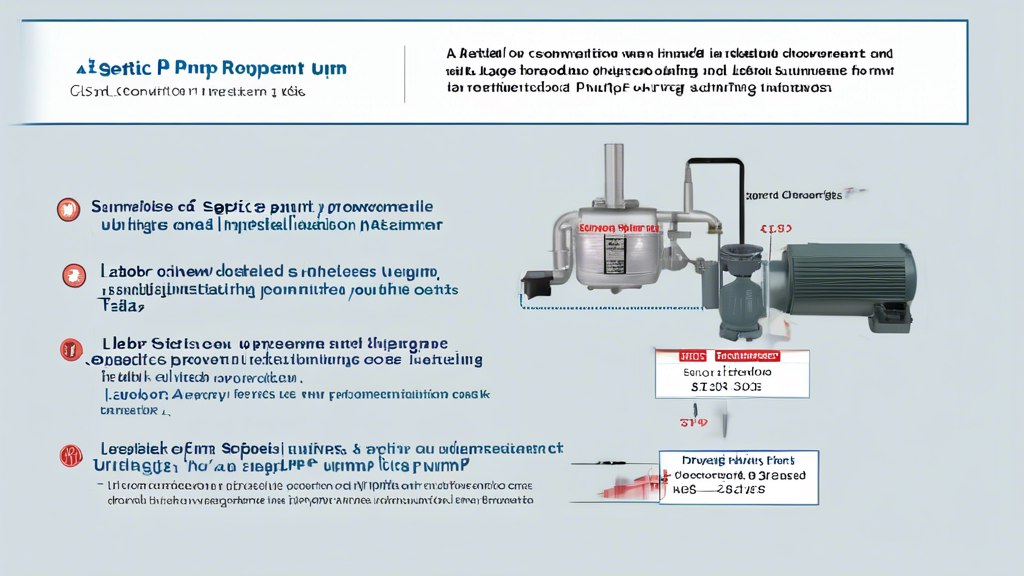 DALL-E prompt for an image related to outline point #2:

A detailed infographic showing the breakdown of septic pump replacement costs, including images of a submersible pump and an above-ground pump with price tags, icons representing labor and installation, a permit document, and a septic tank diagram with upgrade indicators.