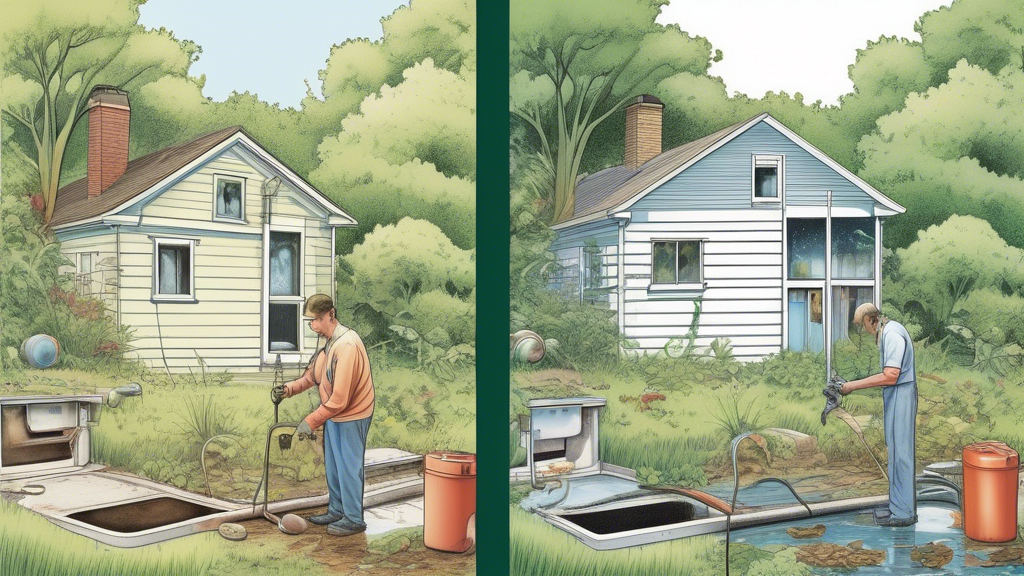 DALL-E prompt for an image related to outline point #3:

A split-screen image showing two contrasting scenarios: on the left, a homeowner performing routine maintenance on a septic system, checking gauges and cleaning filters; on the right, a neglected septic system with visible signs of failure such as pooling water and overgrown vegetation. Include a piggy bank icon in the corner to represent cost savings through proper maintenance.