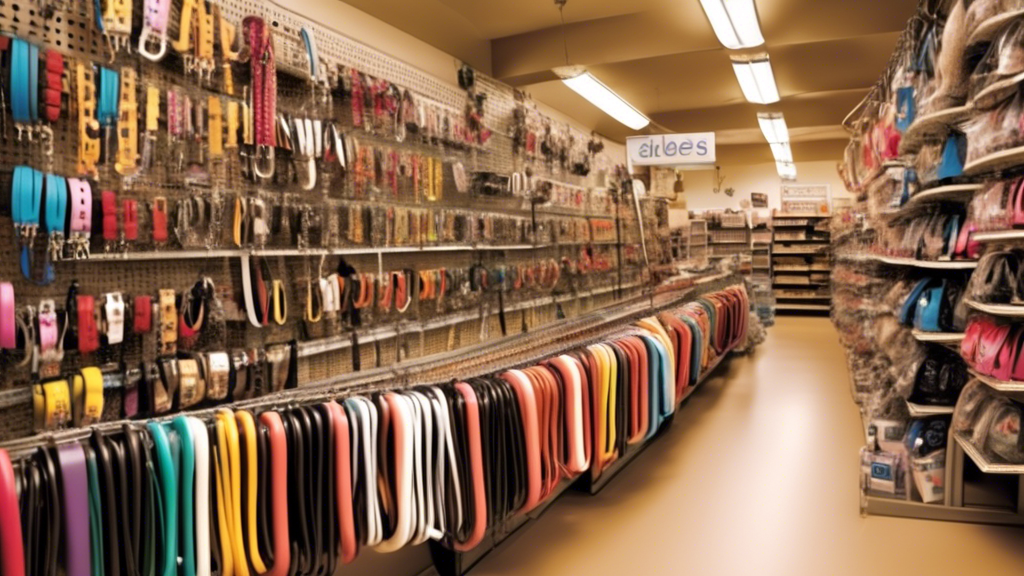 Create an image of a pet store aisle filled with various dog leads and collars. Highlight a knowledgeable pet owner evaluating different options while considering their dog