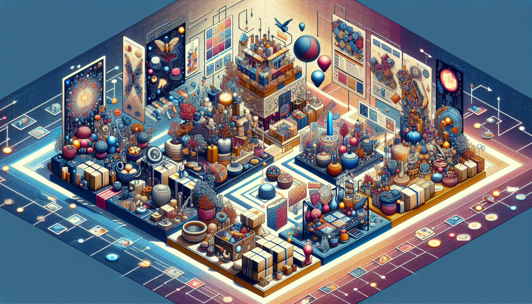 Create an image that shows a vibrant, bustling online marketplace scene. Include a variety of vendors selling handmade crafts like jewelry, pottery, and art on platforms like Etsy, others reselling popular items on eBay, and a visual representation of Amazon FBA with packed boxes and shipping labels. Add tips for maximizing profits incorporated as signage or notes around the scene. The overall environment should evoke a sense of entrepreneurship and opportunity in the digital marketplace.