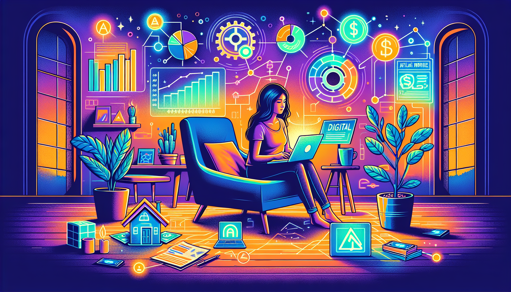 Create an image depicting the concept of *maximizing passive income streams* for sustainable side income. Show a person comfortably sitting in a cozy room with a laptop, surrounded by visual representations of various passive income streams such as icons representing dividend stocks, digital products, affiliate marketing, and rental properties. The scene should evoke a sense of calm and productivity, illustrating how these streams can contribute to a stable side income.