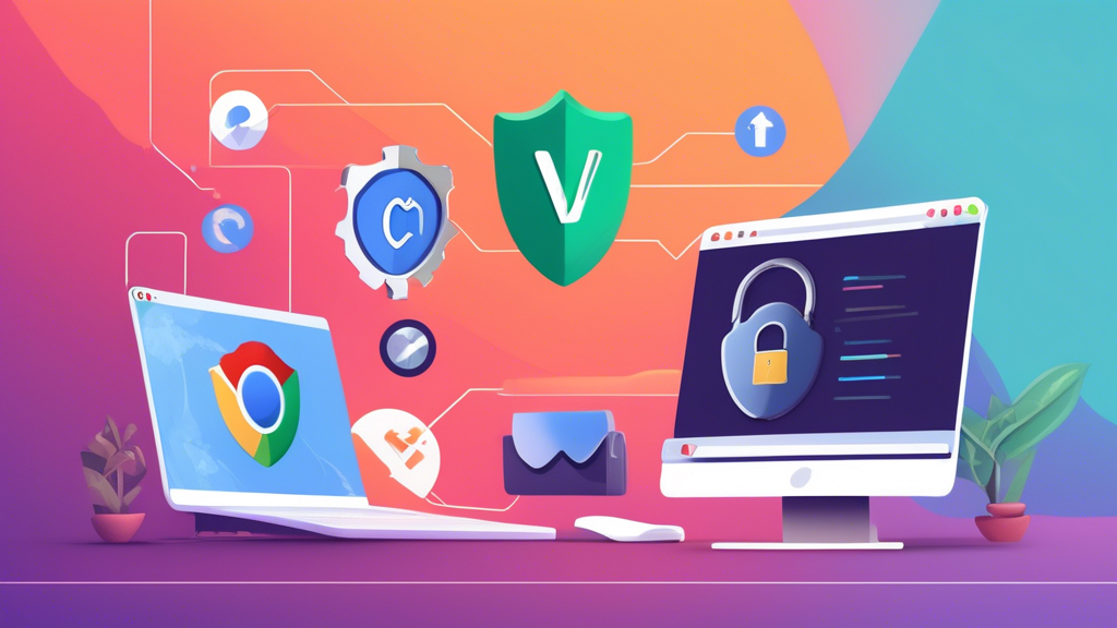 Prompt: 

Create an image of a user interface in Chrome with various VPN-related elements. Include a VPN extension icon highlighted on the Chrome toolbar. Show a computer screen displaying speed test results on one tab while another tab shows VPN settings being updated. The background can have subtle icons representing security, like shields and padlocks, to emphasize safe browsing. Additionally, add a small banner at the bottom mentioning tips for maintaining VPN security in Chrome.