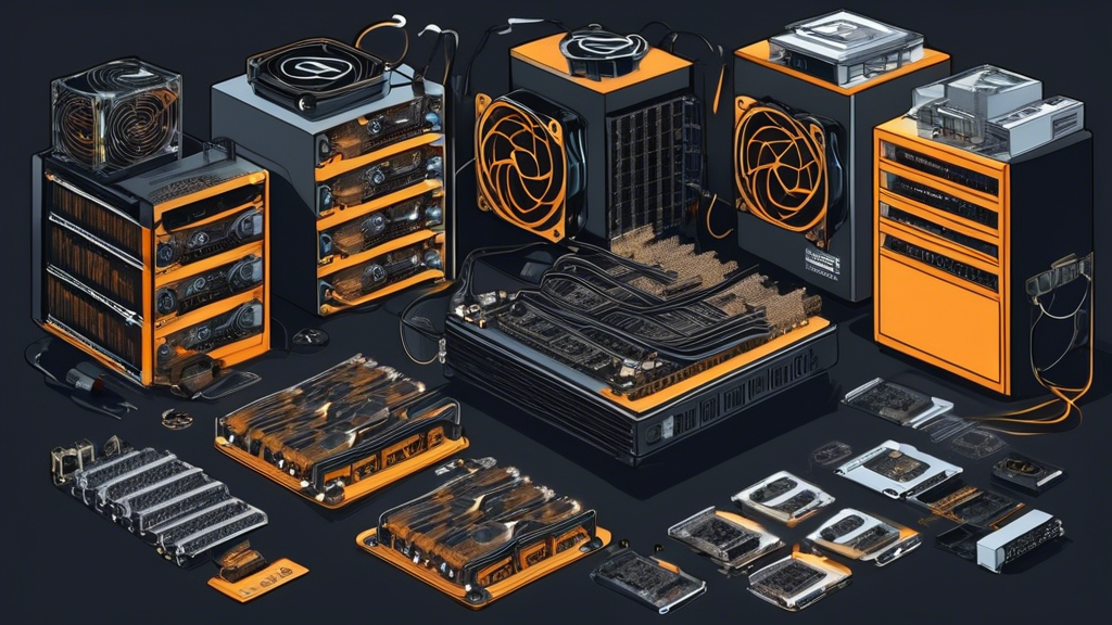 Create an image that visually illustrates the essential equipment for PMP crypto mining. Show a well-organized crypto mining rig setup, including high-performance GPUs, cooling fans, power supplies, and necessary cables. Illustrate various hardware components laid out systematically with labels, showcasing the initial stages of assembly. Include a laptop or monitor displaying related mining software, connected to the rig, reflecting the technical and intricate nature of the setup process. Use a modern and clean indoor setting, emphasizing the efficiency and sophistication of different mining setups. Keyword: PMP crypto mining.
