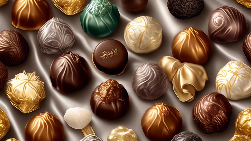 Detailed illustration of an assortment of Lindt truffles, showcasing classic, seasonal, and limited edition varieties, displayed elegantly on a luxurious silk cloth. Include a diverse palette of truffle colors and textures, emphasizing each unique flavor, with small labels explaining the flavors next to each truffle.