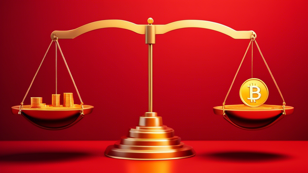 A balanced scale with a shining gold Bitcoin on one side and a cautious red caution sign on the other, set against a backdrop featuring charts with fluctuating market trends, representing the benefits and risks of engaging in crypto futures trading.