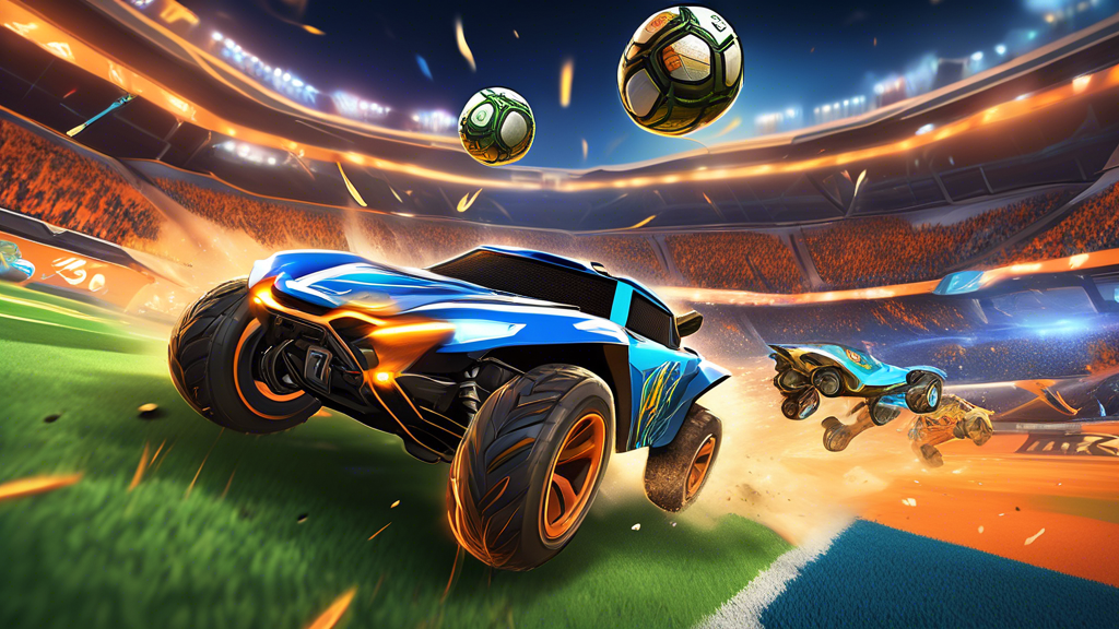 Create a vibrant and dynamic illustration capturing the excitement of an RLCS match. The image should feature high-stakes gameplay with Rocket League cars mid-action, soaring through the air in a stadium filled with roaring fans. Highlight prominent star players and teams with their cars performing impressive maneuvers and stunts. Include a diverse audience fully engaged, holding signs and banners, throwing their hands up in excitement, and using devices to interact with the event. Ensure the arena is brightly lit with special effects and digital screens showcasing live commentary and stats.