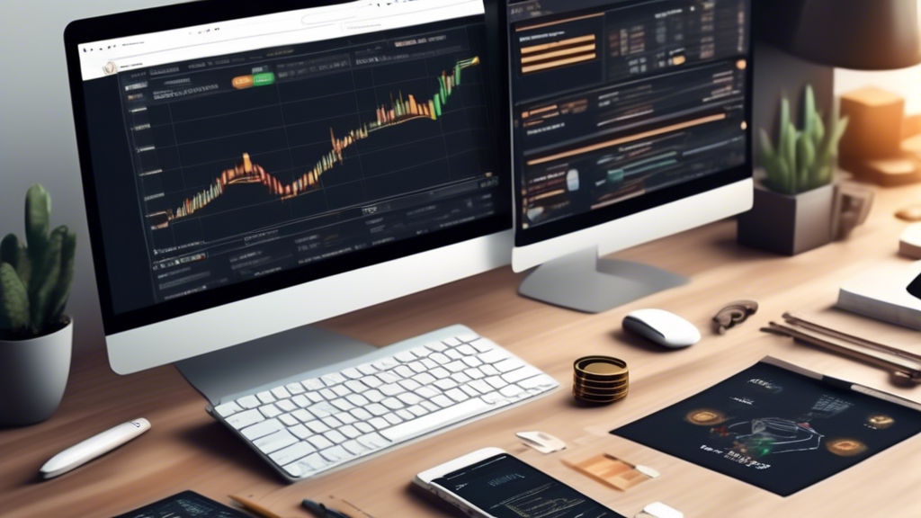 Create an image that illustrates a step-by-step guide for setting up and using a cryptocurrency demo account. The scene should include a computer screen displaying a trading platform interface with charts, technical analysis tools, and market order options. Surrounding the computer, add various instructional elements like checklists, arrows indicating steps, and infographics explaining key functionalities. The overall design should be user-friendly, making it clear and visually appealing for beginners in crypto demo trading.