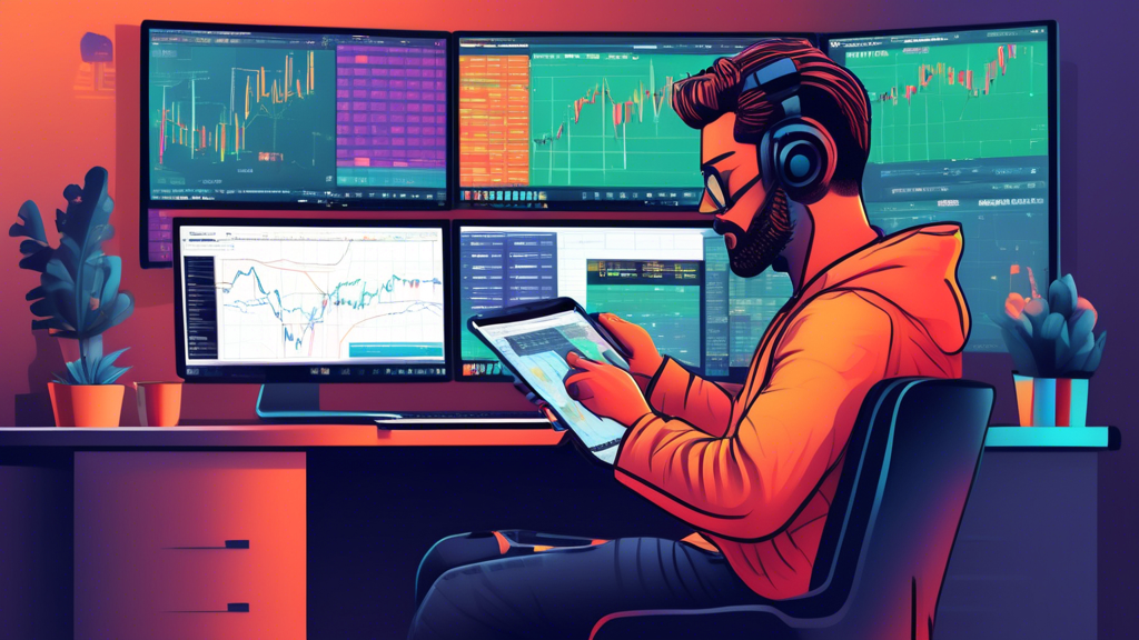 An illustration showing a trader transitioning from a demo trading account to live crypto trading: the scene includes a split screen modern trading platform with charts and data on both sides, but on the right side showing real market trades. The trader appears confident and is integrating focused risk management strategies, with visual cues like stop-loss orders, diversified portfolio graphs, and a calm, methodical approach to trading. The background showcases educational resources like course materials, online communities, and advanced trading tools, emphasizing continuous learning and adaptation.