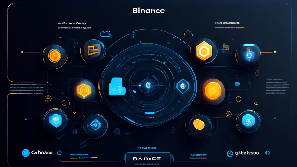 Create an image showing a comparative chart of the top-rated cryptocurrency trading apps of 2023. Include modern app interfaces/icons of Binance, Coinbase, and Kraken, each highlighting key evaluation criteria such as ease of use, customer support, and transaction fees. The background should be sleek and tech-oriented, with subtle graphics representing digital currencies and modern trading.