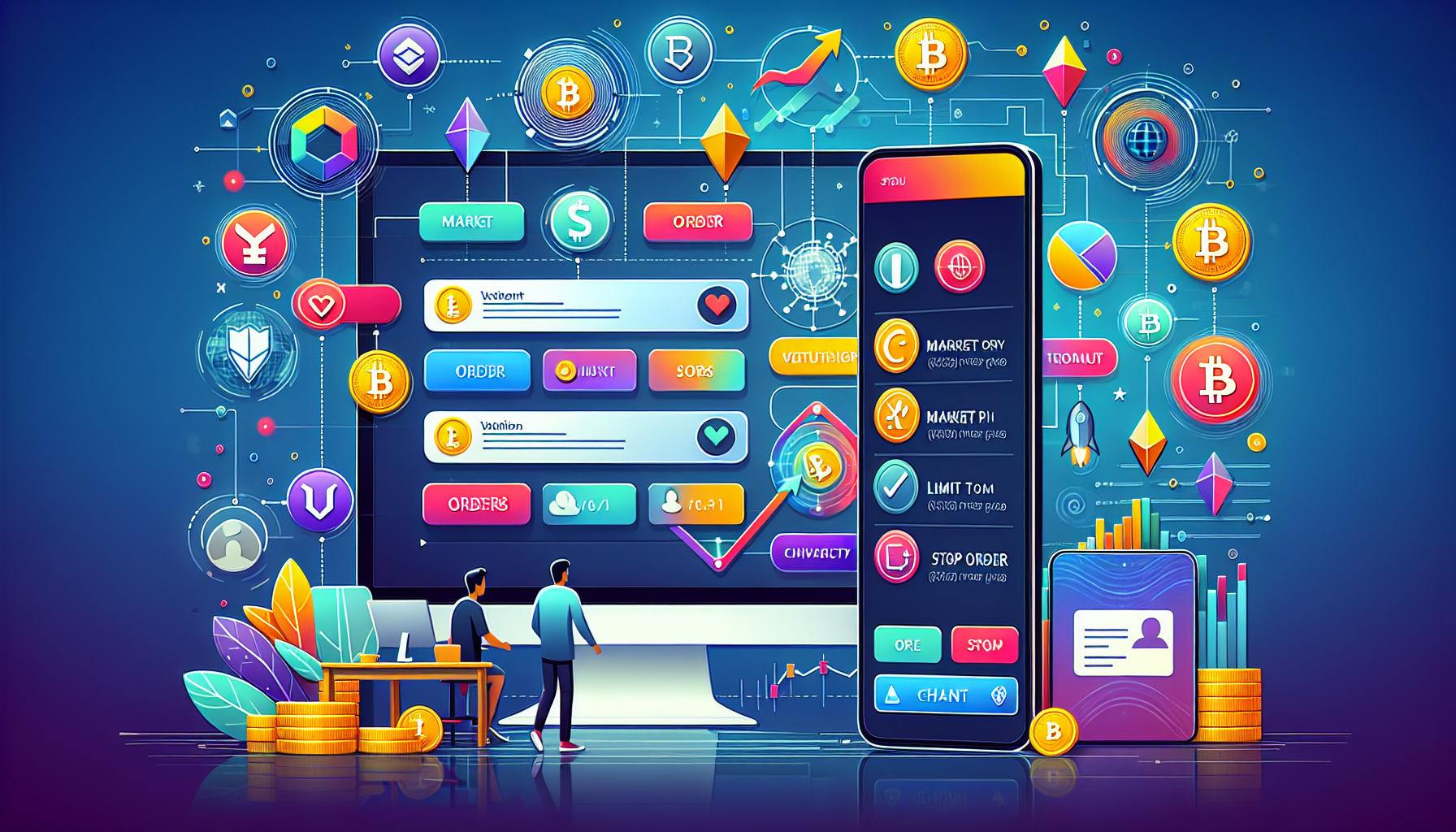 Create an image showcasing the different aspects of trading on BitMart Exchange. Depict a user setting up an account and going through the verification process on a computer or smartphone screen. Include a variety of trading pairs and supported cryptocurrencies in a visually appealing layout, illustrating the range of options available. Highlight different types of orders and trading strategies, perhaps with graphical representations or icons, to convey the dynamic trading environment on BitMart Exchange.