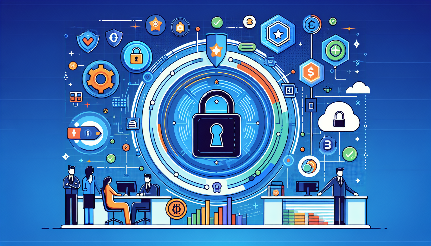 Create an image depicting the robust security and customer support features of BitMart Exchange. Showcase elements like a secure lock symbol, users receiving assistance from a customer support team, and various security measures such as two-factor authentication and data encryption. Include the BitMart Exchange logo and ensure the setting reflects a professional and trustworthy crypto trading environment.