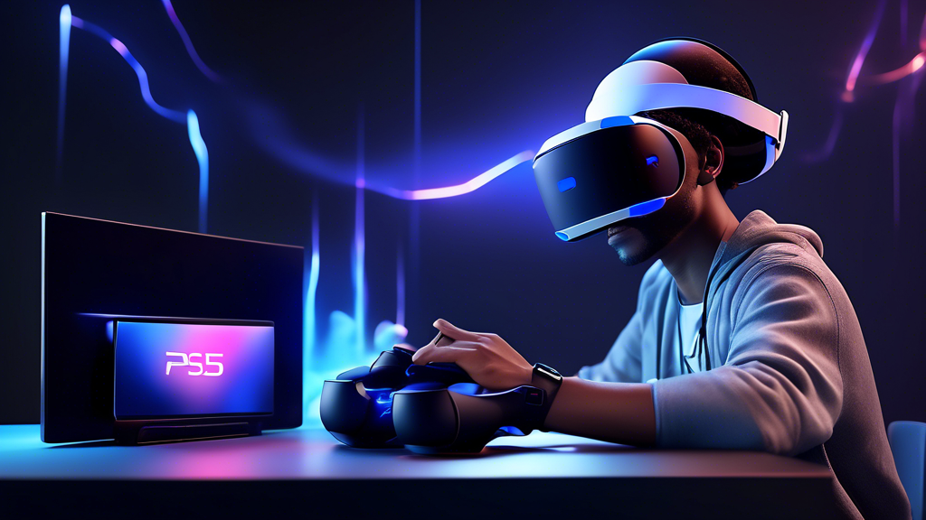 Create an image showcasing the technical synergy between PSVR and PS5 with the following elements:

An ultra-realistic perspective of a sleek gaming setup featuring a PS5 console and a player wearing a next-generation PSVR headset. Highlight the seamless connection between the devices with visual elements such as lightning-fast digital streams and holographic interfaces. Emphasize the PS5’s hardware power: detailed, high-definition graphics displayed on the TV screen, and hints of the PS5’s SSD and processing power—represented by intricate, glowing circuits. Showcase new, advanced VR controllers in the player