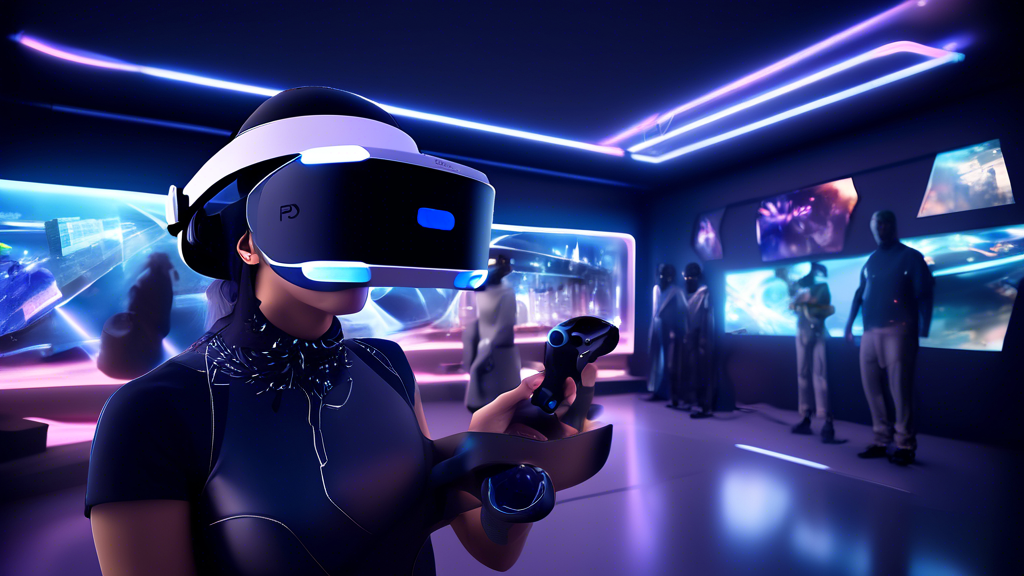 DALL-E prompt: Create an image depicting the future prospects of PSVR and PS5 integration. Show futuristic VR gaming with cutting-edge, immersive environments, highlighting upcoming PSVR titles. Include elements suggesting emerging trends in VR such as virtual workplaces and social VR spaces. Emphasize how PS5 technology enhances these experiences, with visuals of advanced VR controllers, illustrating the market