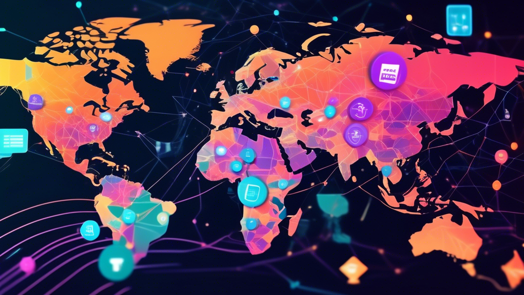 Create an image of a global map with vibrant nodes representing financial inclusion through blockchain decentralized finance. Depict diverse individuals from various regions accessing financial services using smartphones and decentralized applications (dApps). Incorporate elements like blockchain ledgers, floating digital tokens, and regulatory symbols blending harmoniously, illustrating the convergence of technology, regulation, and global accessibility. Highlight future-oriented technology like holographs or futuristic cityscapes to symbolize the advancement and potential of blockchain in decentralized finance.