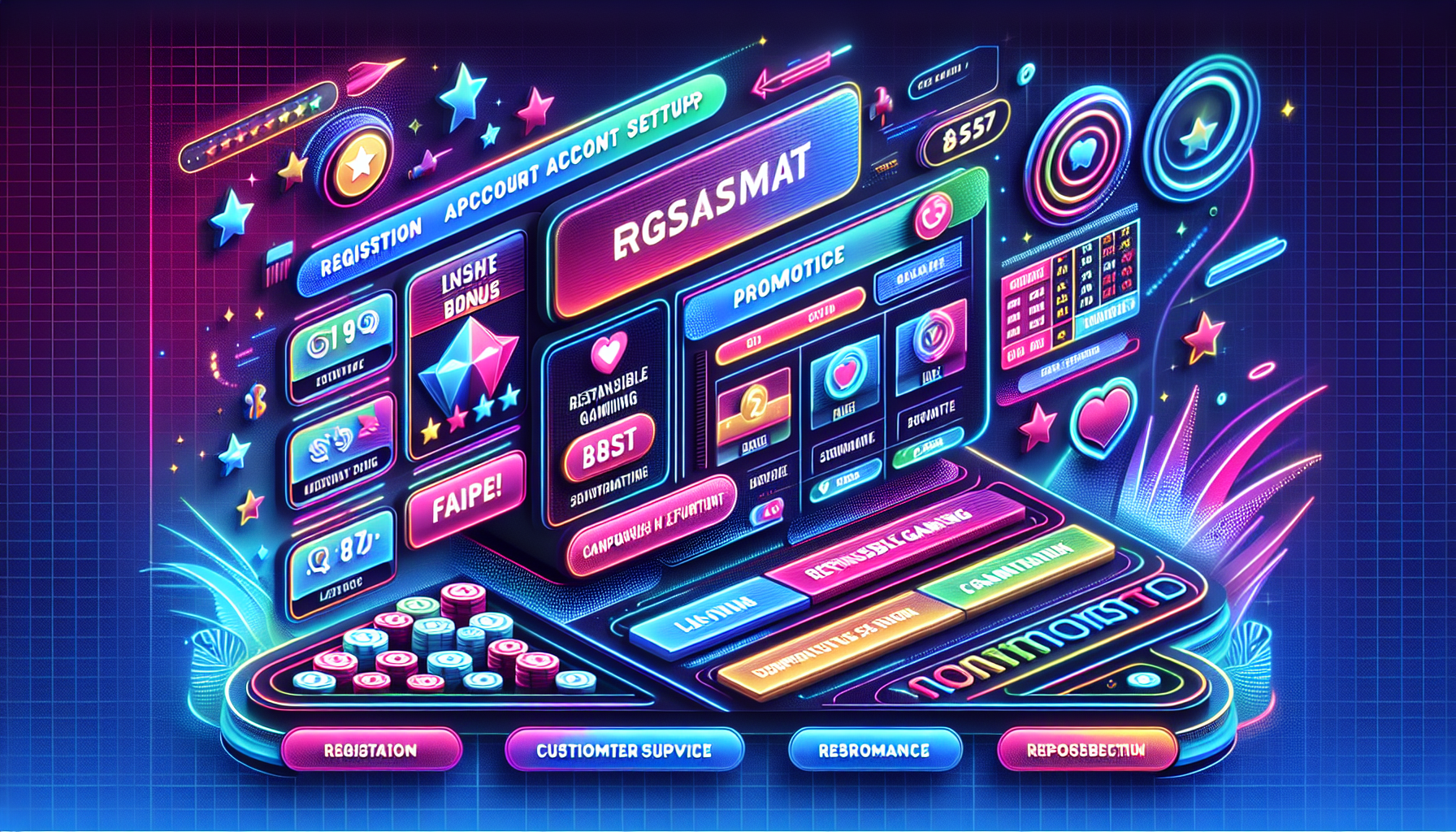 Create an image of a sleek, modern casino interface with sections showcasing registration and account setup, detailed information on enticing bonuses and promotions, and engaging tips on responsible gaming. Include visuals of customer support services being easily accessible. Incorporate the Bet365 Casino logo and colors subtly in the design elements.