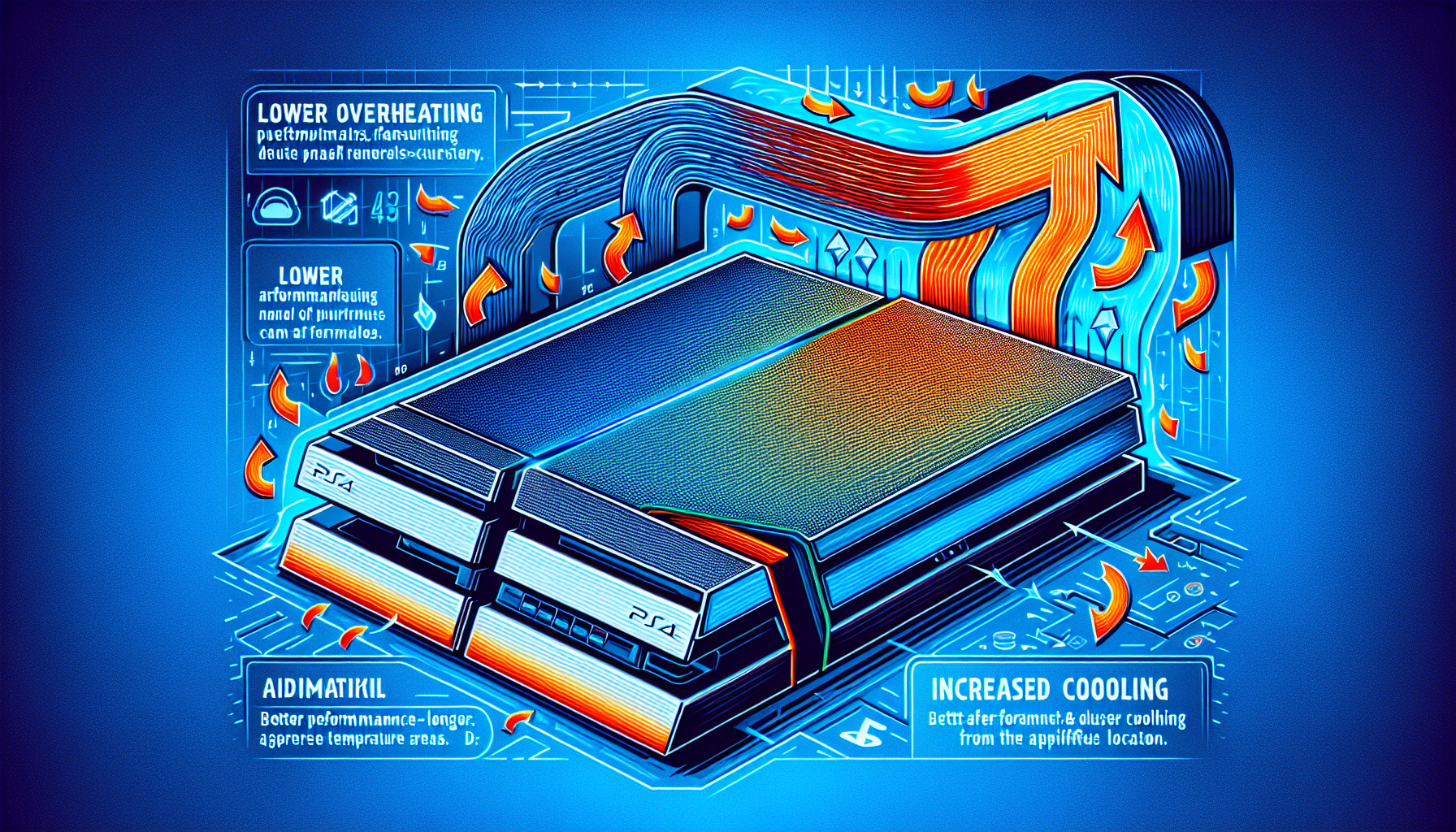 [Prompt for DALL-E]

Create an illustration showcasing a PS4 mounted on a wall with arrows highlighting air circulation around the device. The room should be a modern gaming setup with a sleek and organized look. Include visual elements that indicate reduced overheating and enhanced cooling, such as thermal graphics or contrasting temperature zones. The PS4 should appear to be in use but demonstrating improved performance and longevity due to the superior cooling effects provided by its elevated positioning.