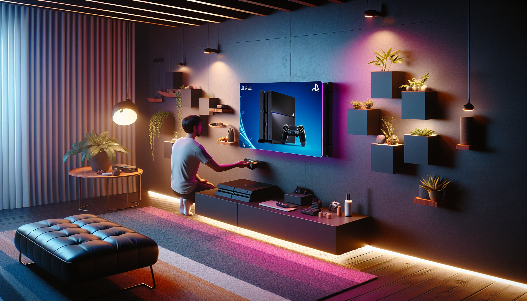 Create an image showing a sleek gaming setup with a PS4 securely mounted on the wall. Highlight the security aspect by depicting a sturdy wall mount and demonstrate ease of access with someone easily inserting a disk or connecting a peripheral. The scene should include comforting lighting, modern furniture, and illustrate the reduced risk of accidental damage from spills or knocks. Emphasize the protective and accessible nature of the wall-mounted PS4 in a visually aesthetic and practical gaming environment. Keywords: ps4 wall mount, secure, accessible, gaming setup.