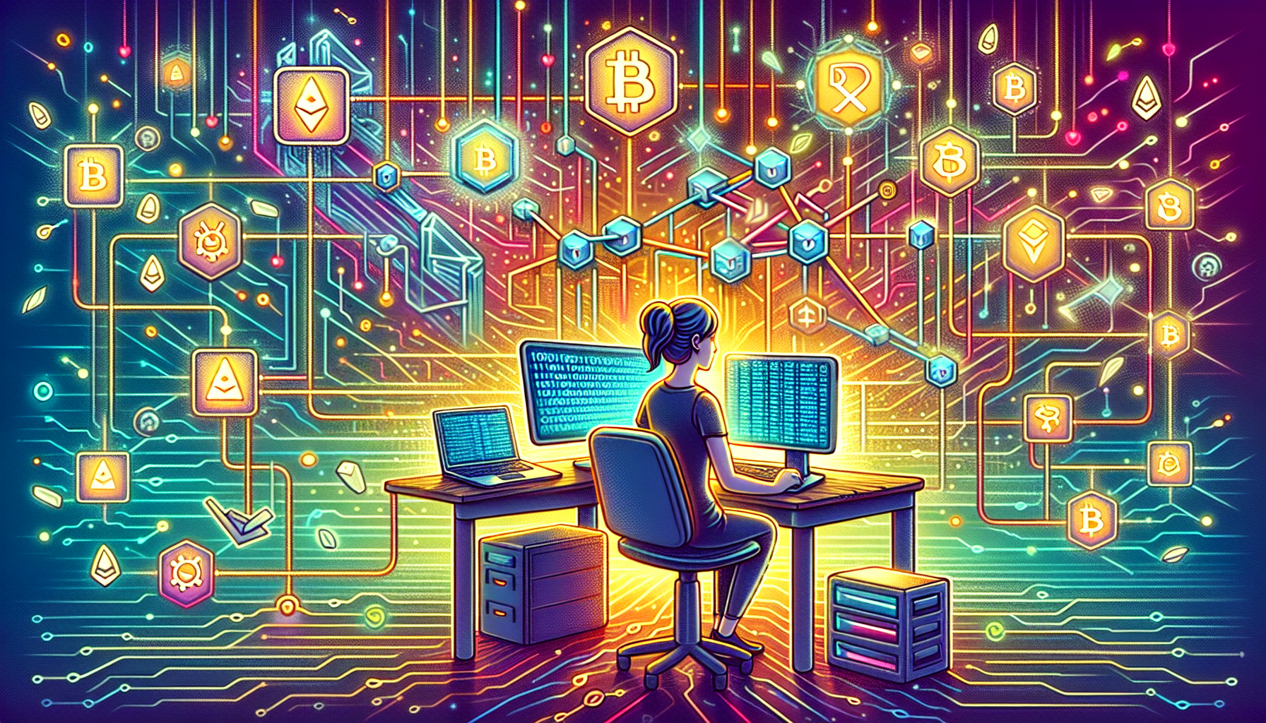 A detailed digital illustration showcasing the inner workings of cryptocurrency: a network of interconnected blockchain nodes with streams of binary code, a miner working on a computer, and symbols representing public and private keys. The background includes representations of digital wallets and verified transactions symbolized by green check marks. Highlight the seamless flow of data, emphasizing security and transparency.