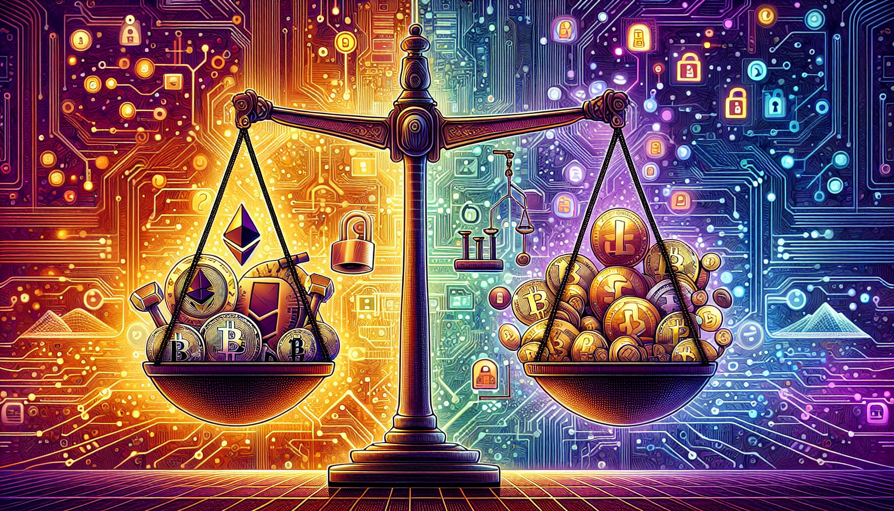 Create an image showing a balanced scale with cryptocurrency symbols (like Bitcoin, Ethereum) on one side and icons representing security issues, volatility, and regulatory concerns on the other. The background should incorporate elements of digital technology, such as circuitry or blockchain patterns, to emphasize the tech nature of the topic. The overall theme should reflect both the benefits and risks involved in using cryptocurrency.