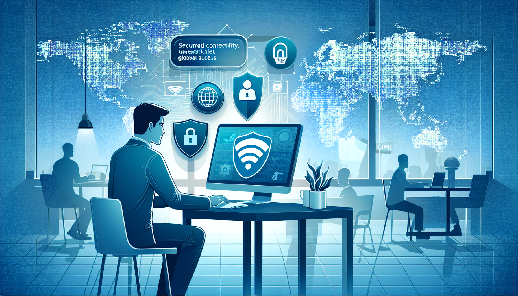 Create an image that visualizes an internet user experiencing the benefits of using Bitdefender VPN. The user’s computer screen shows a secure connection icon and an unrestricted world map, indicating global access. The background features public Wi-Fi areas like a cafe, with a shield symbol representing enhanced security and privacy protection. The scene is modern, clean, and professional. 

Keyword: Bitdefender VPN, online privacy, global access, Wi-Fi security.