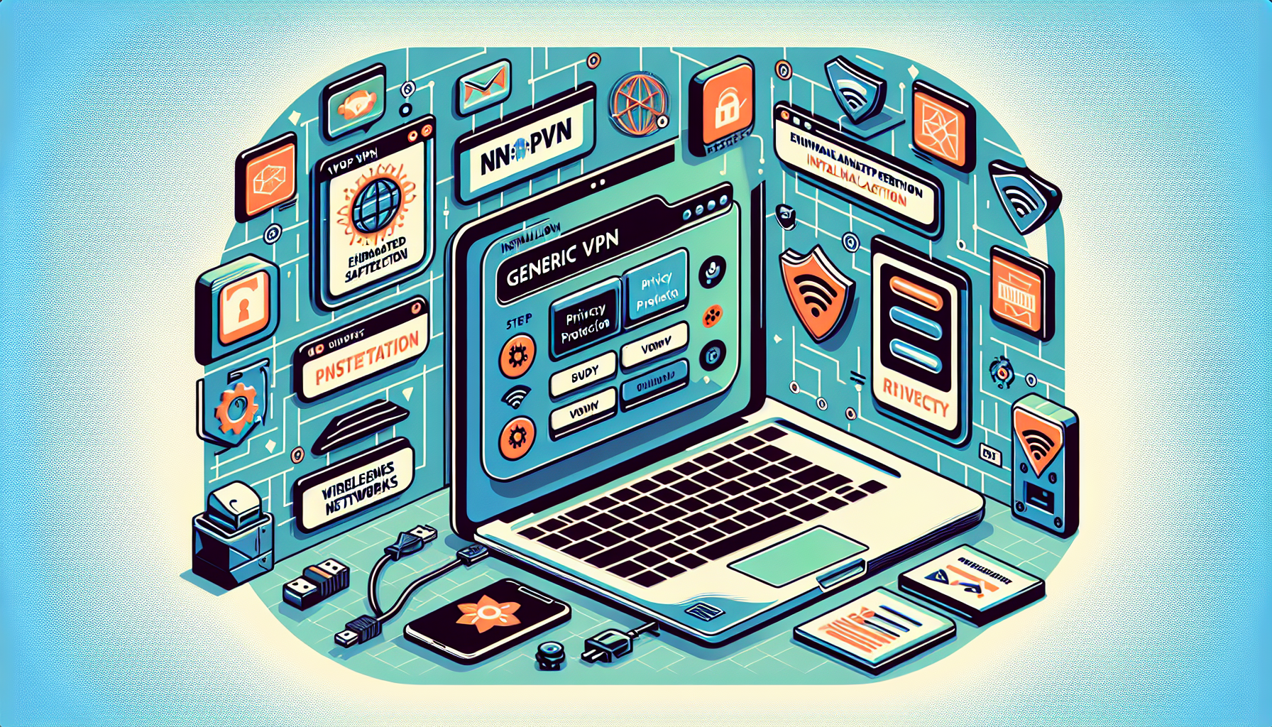 A DALL-E prompt for an image that relates to outline point #3 (third point of the outline):

Create a detailed illustration showing a user-friendly interface of Bitdefender VPN setup on a laptop screen. The image should depict step-by-step instructions, including the installation process and configuration settings. Surrounding the laptop, include icons representing improved security, privacy protection, and Wi-Fi networks to emphasize the benefits of Bitdefender VPN. The style should be modern and clean, with clear visual elements to guide users on how to configure and use the VPN effectively.
