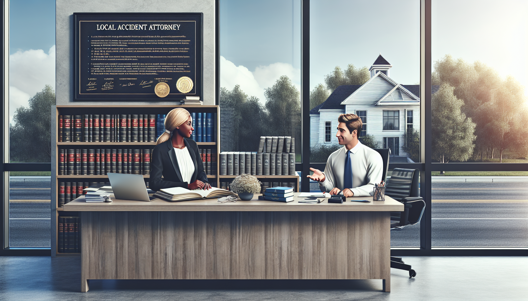 DALL-E prompt: Illustrate a scene in a well-organized law office where a potential client is sitting across from an experienced local accident attorney, discussing their case. The office is decorated with law books, local legal certificates, and a view of the local courthouse from the window to emphasize the attorney’s local expertise. Include visible notes like 