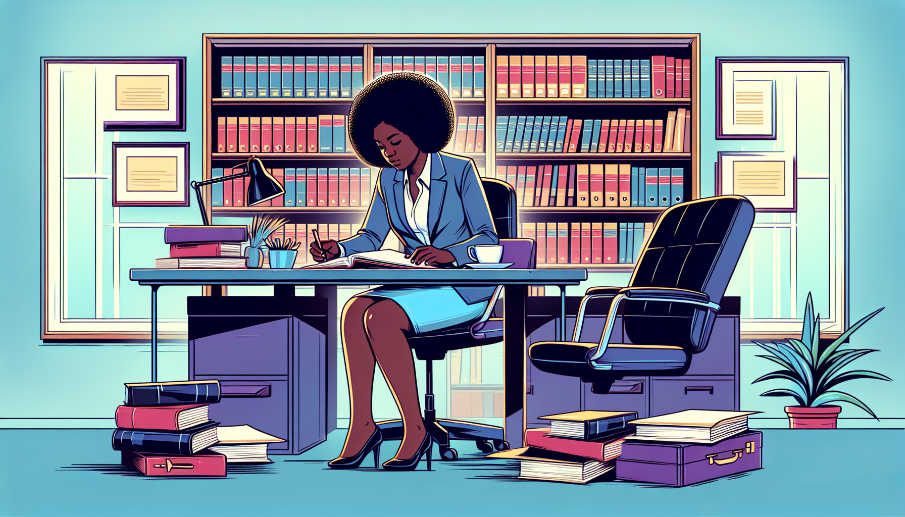 Client gathering documents and preparing a list of questions for their first consultation with a local accident attorney, set in a well-organized office with visible case files and legal books, emphasizing an atmosphere of professionalism and readiness.