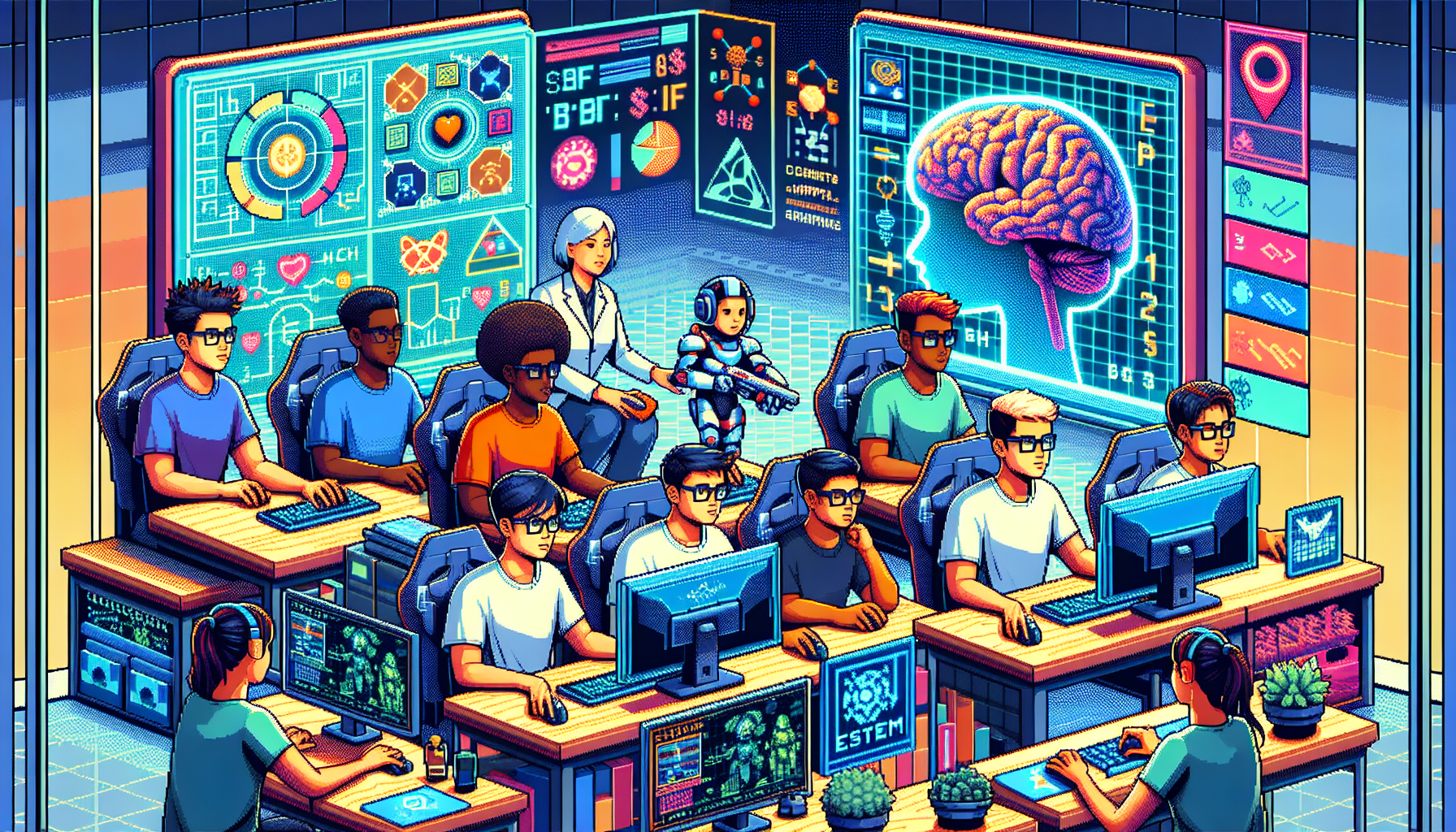 Create an image of students participating in an esports tournament within a futuristic classroom where holographic displays show real-time game stats and STEM-related data. The scene should include diverse students collaborating and engaging in team-based activities, with teachers and mentors guiding them. Highlight cognitive and soft skills development, such as strategic planning and teamwork, with visual icons representing social and emotional learning. Incorporate elements that connect gaming with educational concepts, like brain diagrams, mathematical equations, and coding symbols, seamlessly integrated into the gaming environment. 

Keyword: academia esports.