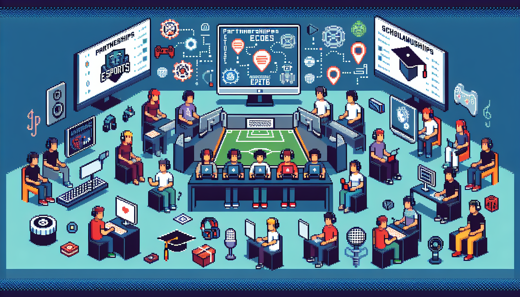 Create an image depicting a group of students engaged in an esports competition within a modern university setting. Surround them with various career pathway symbols like icons representing game design, broadcasting, marketing, and coding. Show dynamic partnerships by incorporating logos or symbols of well-known esports organizations next to university banners. Highlight scholarship opportunities with elements like graduation caps and scholarship certificates floating around or integrated into the scene. Make sure the environment is vibrant, engaging, and reflects the professional growth tied to academia esports.