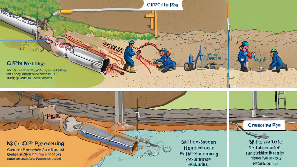 DALL-E prompt for an image relating to outline point #2:

Split-screen illustration comparing three no-dig pipe repair methods: pipe relining, pipe bursting, and cured-in-place pipe (CIPP). Show cross-sections of underground pipes with technicians using specialized equipment for each method. Use bright, contrasting colors to differentiate the techniques, and include labels for each method.