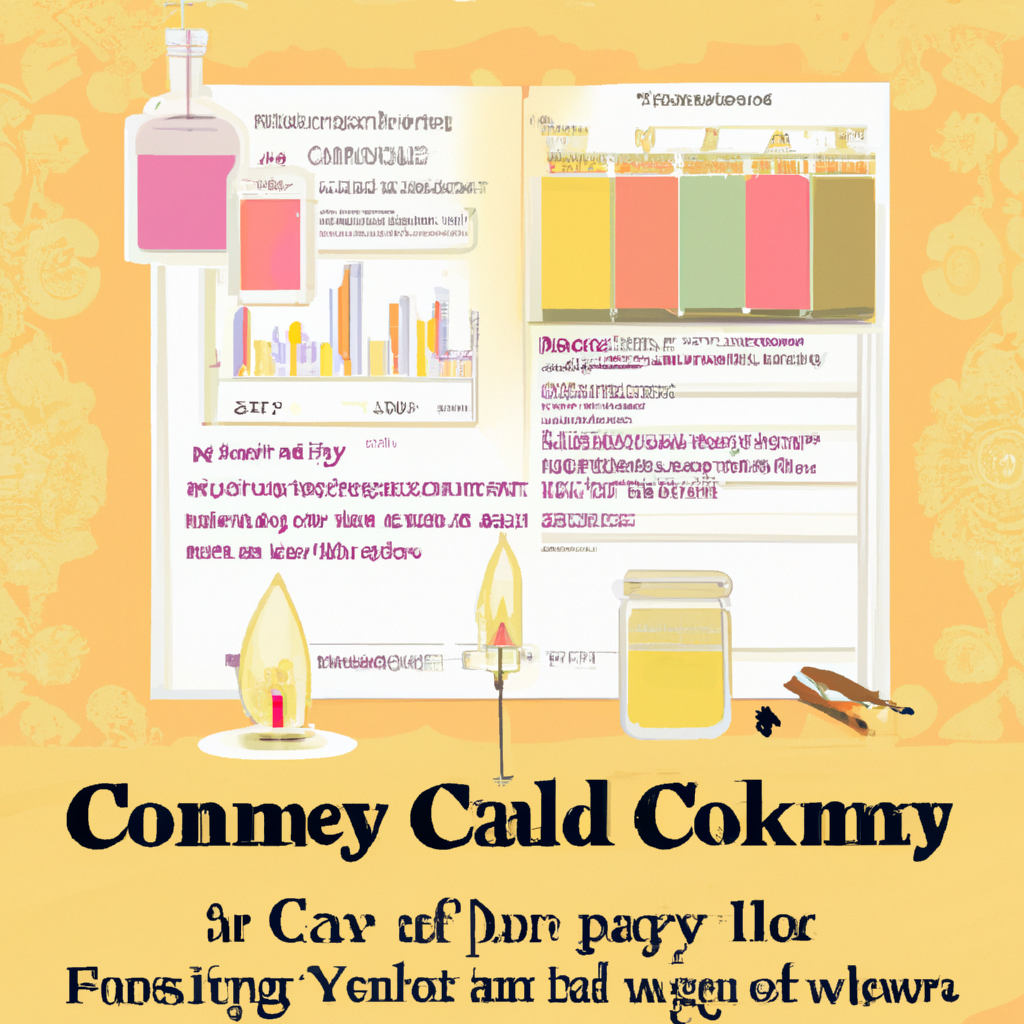 Create an illustration of a cozy candle-making workspace. Highlight detailed steps: a person in the process of pouring exact measurements of candle fragrance oils into melted wax, a chart showing optimal fragrance oil ratios beside them, and several small bottles of fragrance oils labeled with different scents. Include notes on blending techniques and a troubleshooting section with tips on a chalkboard in the background. The overall atmosphere should be warm and inviting, emphasizing the art and science of candle making.