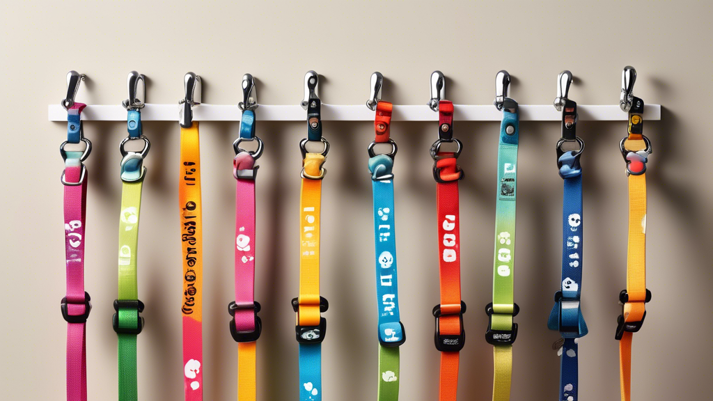 Create an image of a variety of puppy leashes displayed on hooks, with different lengths and widths clearly visible. Include tags that explain the benefits of each leash length and width for different breeds and activity levels. Add a playful, happy puppy to the scene, looking curiously at the leashes. Include bright colors and a clean, well-lit background for a cheerful and informative visual.