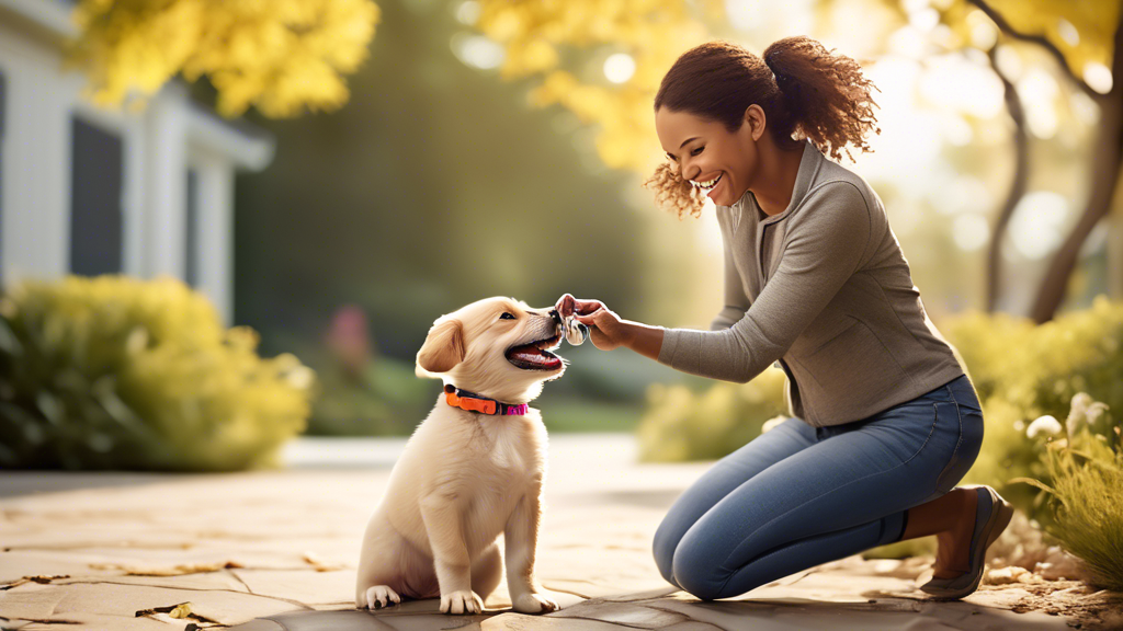 Create an image that shows a joyful puppy in a bright, open outdoor setting, wearing a new collar and leash. The scene captures the moment when the puppy is being gently introduced to their collar and leash, with an owner using positive reinforcement techniques, such as treats and gentle encouragement. The owner is smiling, showing patience and care, while the puppy looks curious but happy. The collar and leash are colorful and have visible safety features, like reflective elements, to emphasize their importance.