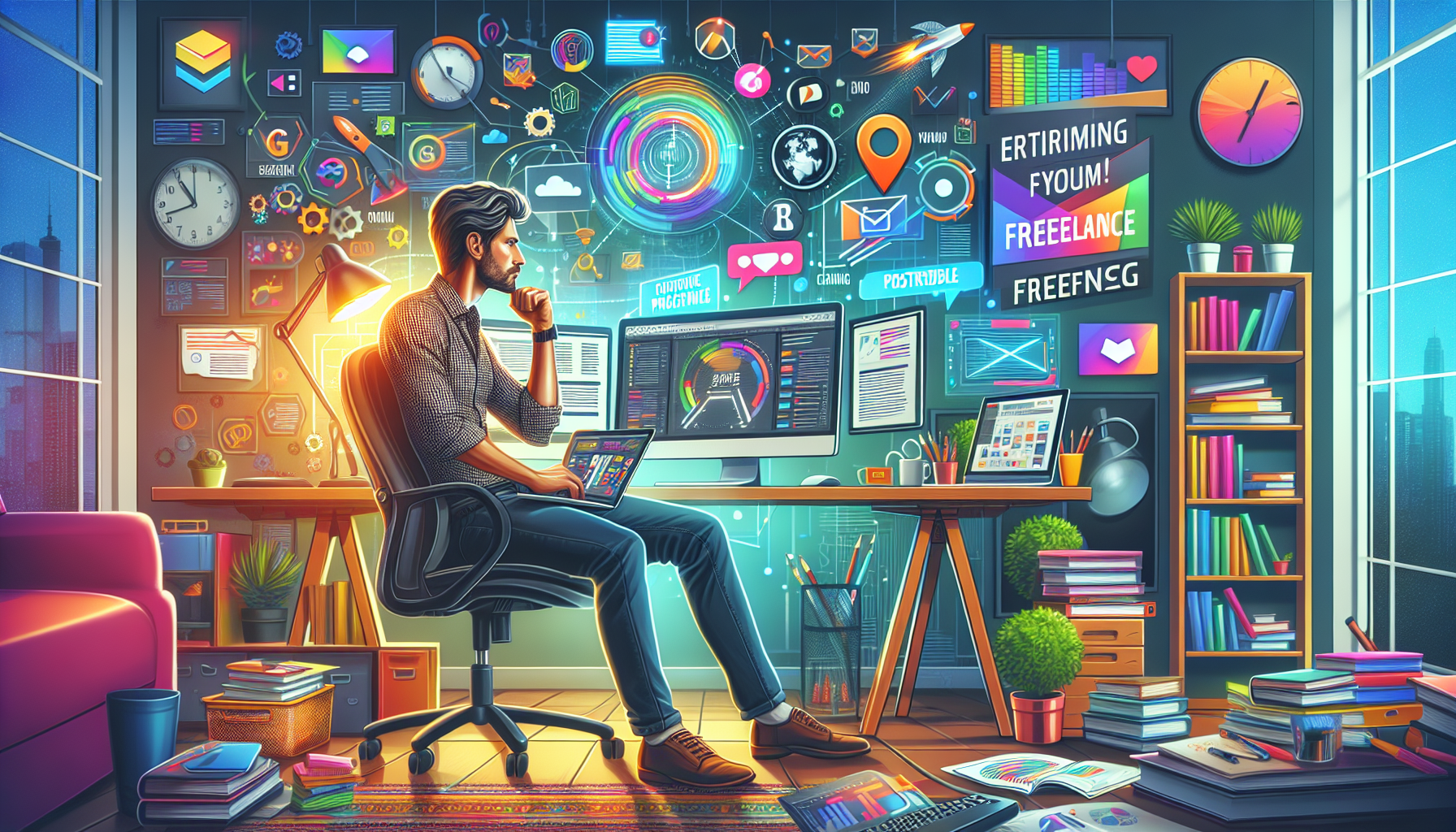 Create an illustration showing a bustling home office setup. The scene includes an individual confidently managing multiple freelance projects on a computer, surrounded by symbols representing various in-demand skills like graphic design, writing, and programming. The background features motivational posters and shelves filled with resources, emphasizing learning and self-improvement. Vibrant colors and dynamic elements like incoming messages or notifications symbolize successful client interactions. The overall ambiance should exude productivity and potential, capturing the excitement of maximizing earnings through freelance opportunities.